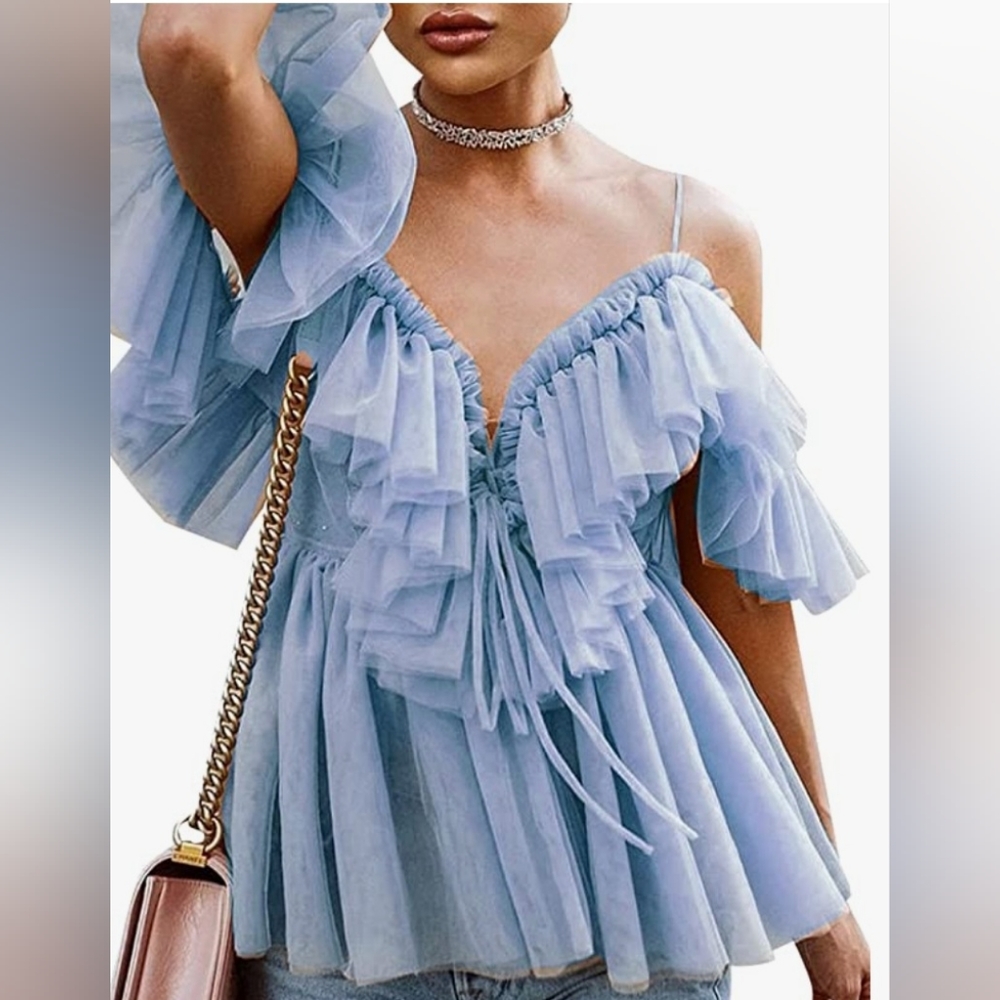Elegant Blue Ruffled Women's Top